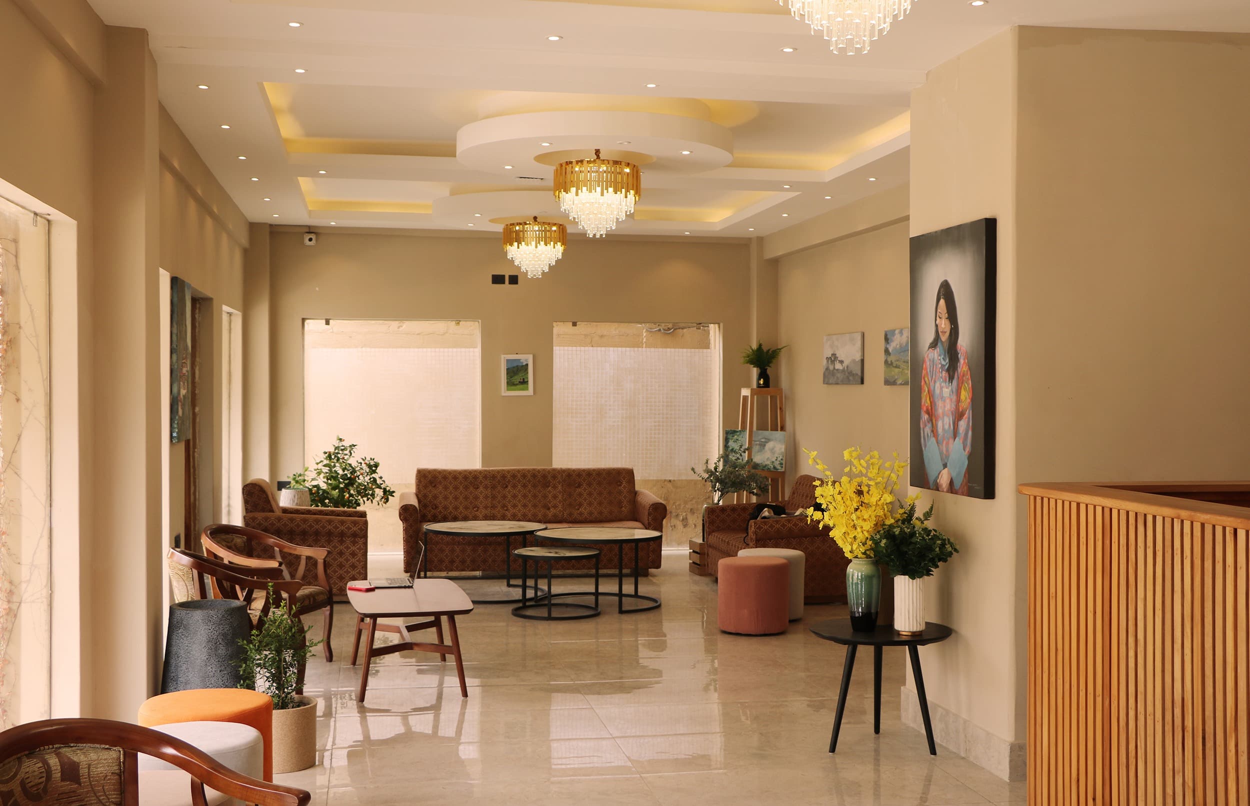 The warm, wood-panelled reception of Hotel Samye